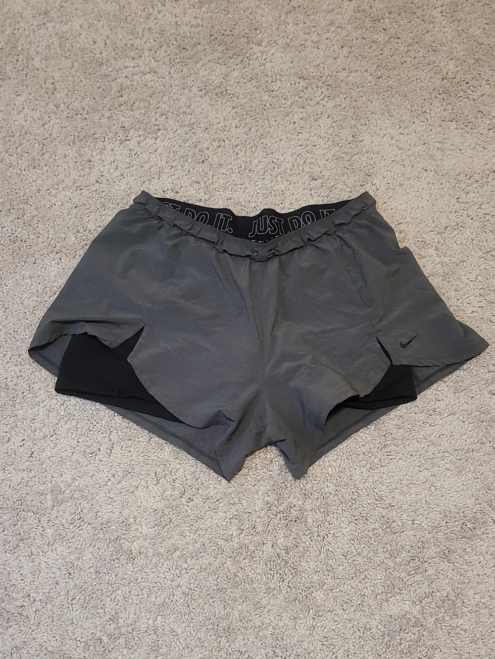 Nike Women's Gray Athletic Shorts with Black Liner and 'Just Do It' Waistband